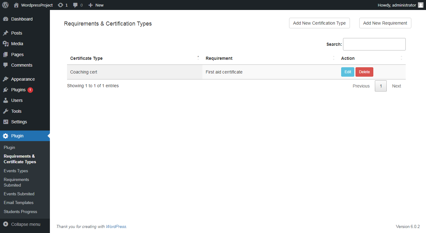 Requirements & Certificates Page
